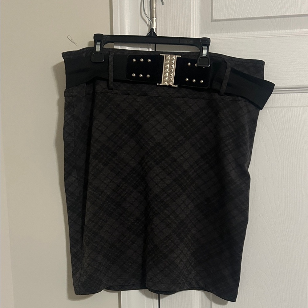 Tracy Evans Black Plaid Pencil Skirt with Studded Accent Belt